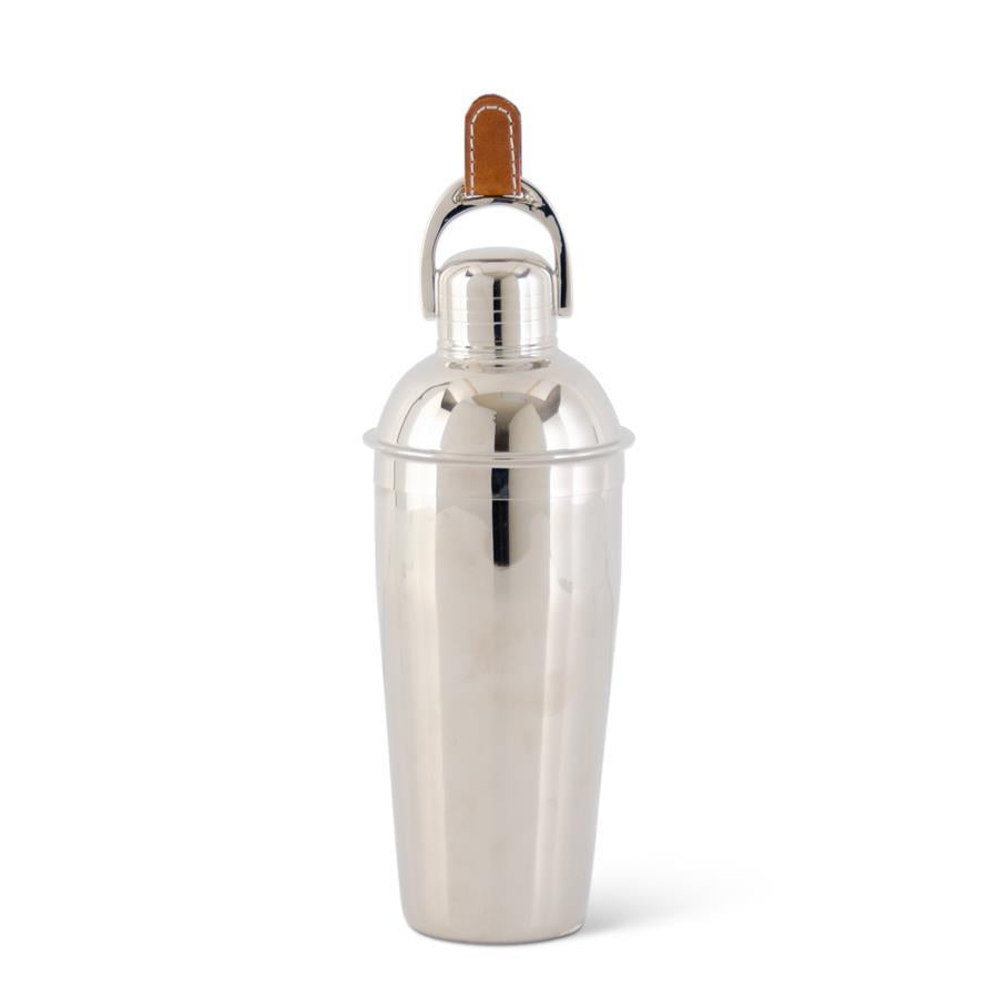 SILVER COCKTAIL SHAKER WITH BROWN LEATHER TASSEL