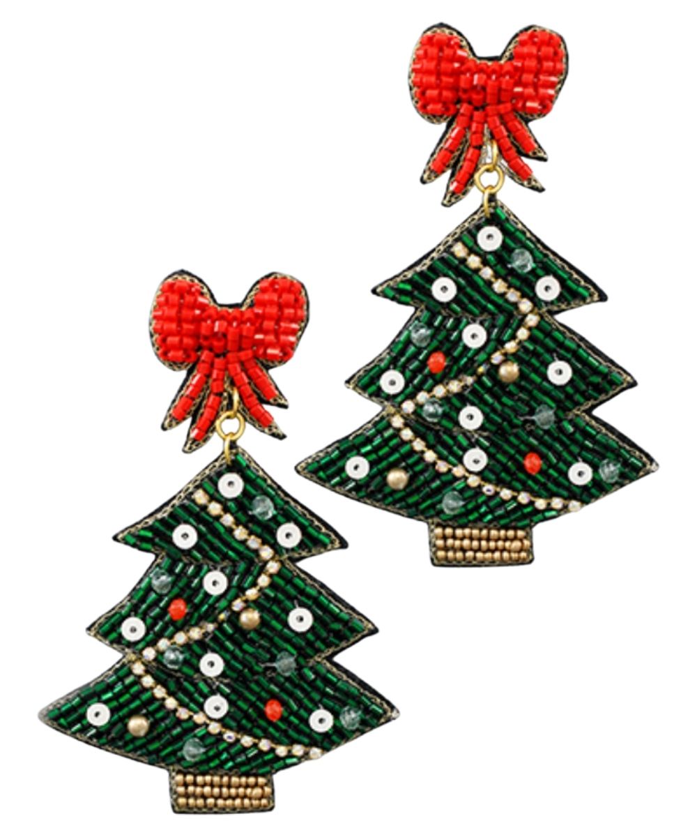 RED BOW CHRISTMAS TREE EARRINGS