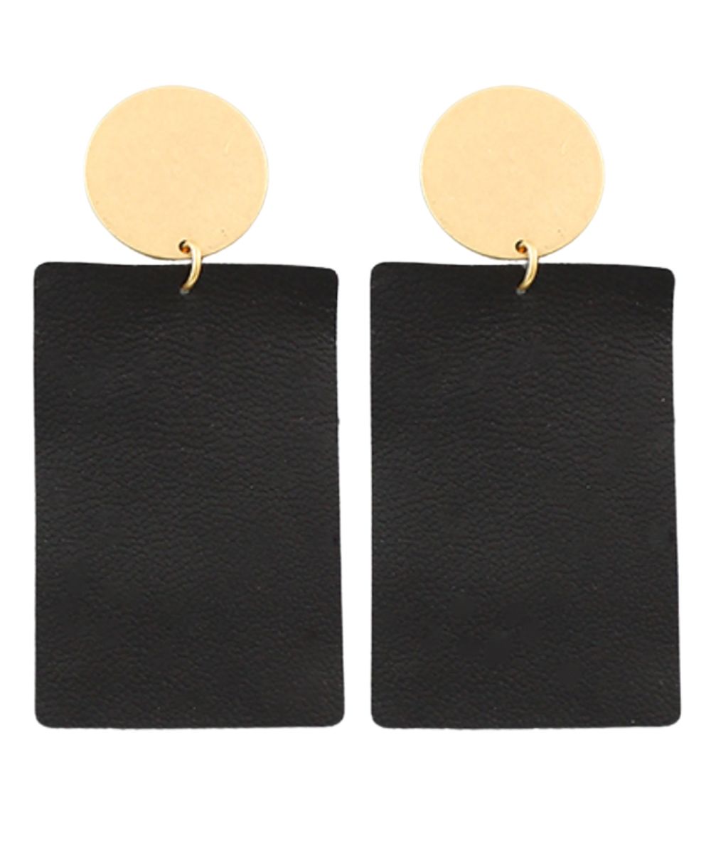 BLACK LEATHER RECTANGLE EARRING