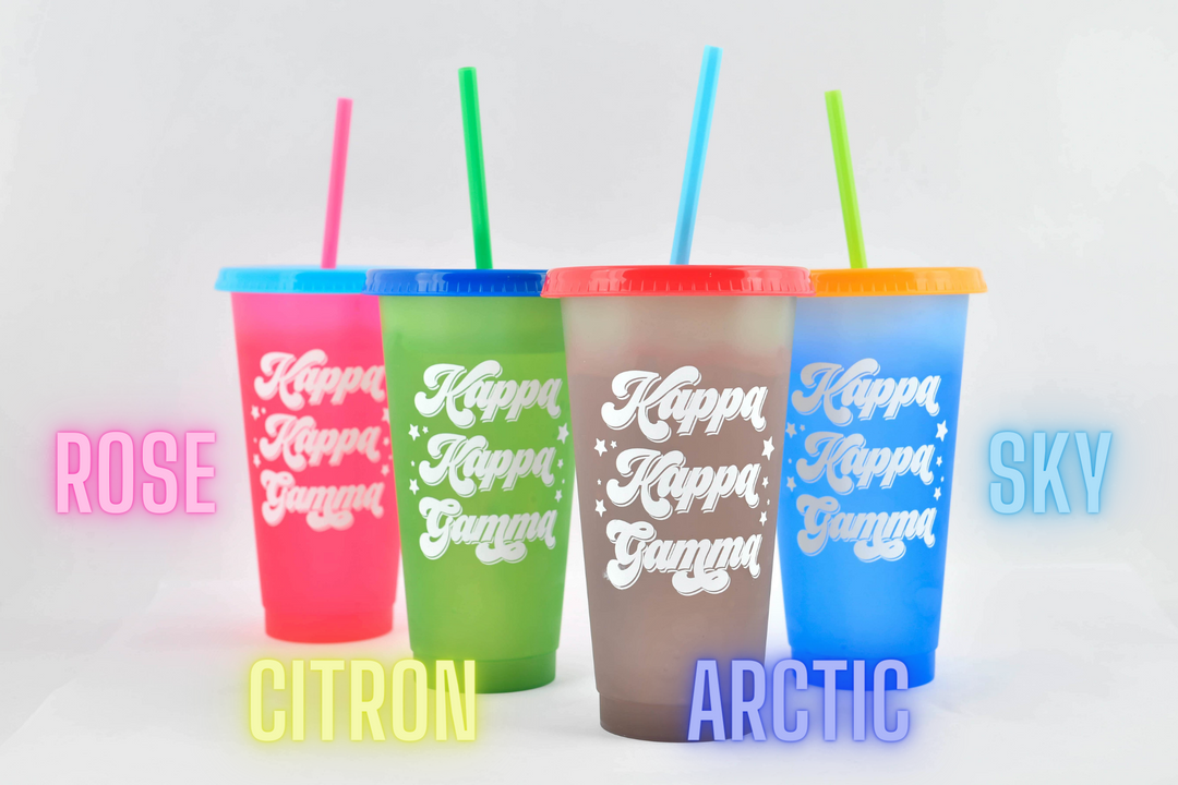 kappa kappa gamma color changing cup in sky blue to cobalt, citron yellow to emerald, arctic blue to raspberry, & rose pink to coral red