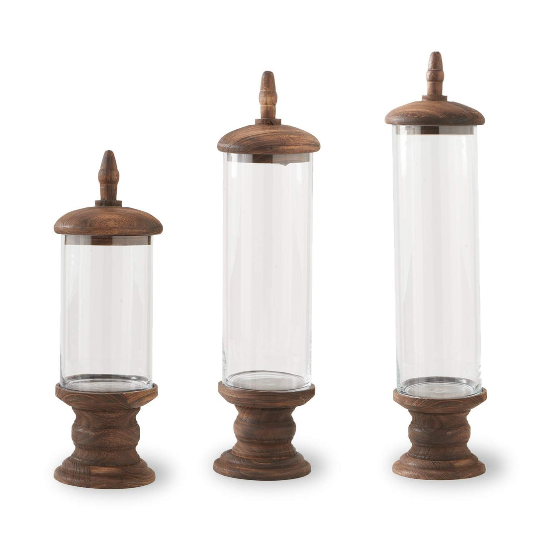 BROWN WOOD GLASS CYLINDER CONTAINER