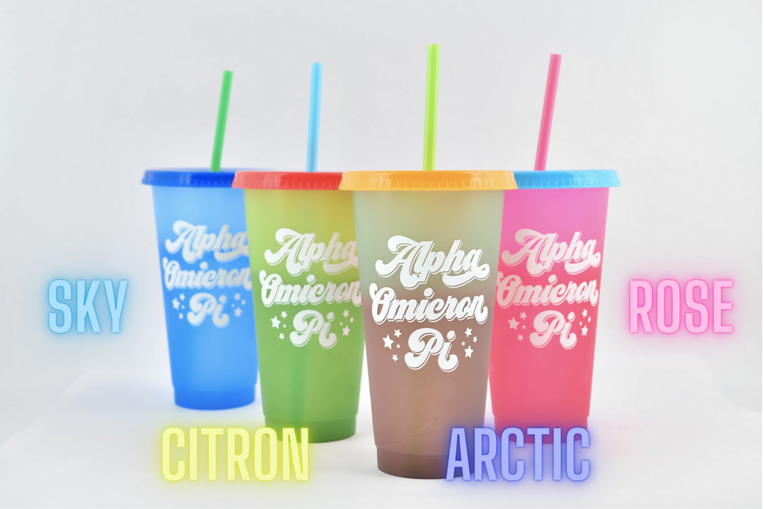 alpha omicron pi color changing cup in sky blue to cobalt, citron yellow to emerald, arctic blue to raspberry, & rose pink to coral red