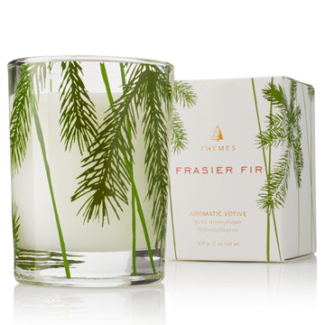 Frasier Fir pine needle votive candle in clear botanical glass with coordinating box
