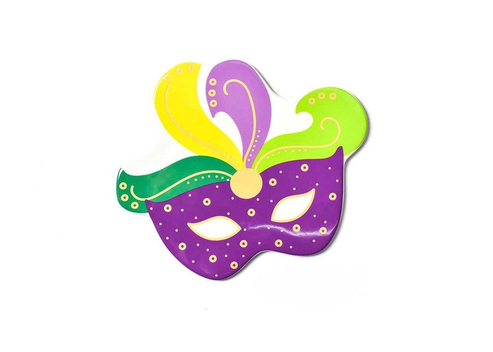 A colorful attachment in the shape of a masquerade mask with purple, green, and gold colors, featuring decorative elements typical of Mardi Gras celebrations.