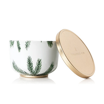 Frasier Fir travel tin candle with pine artwork and embossed gold lid