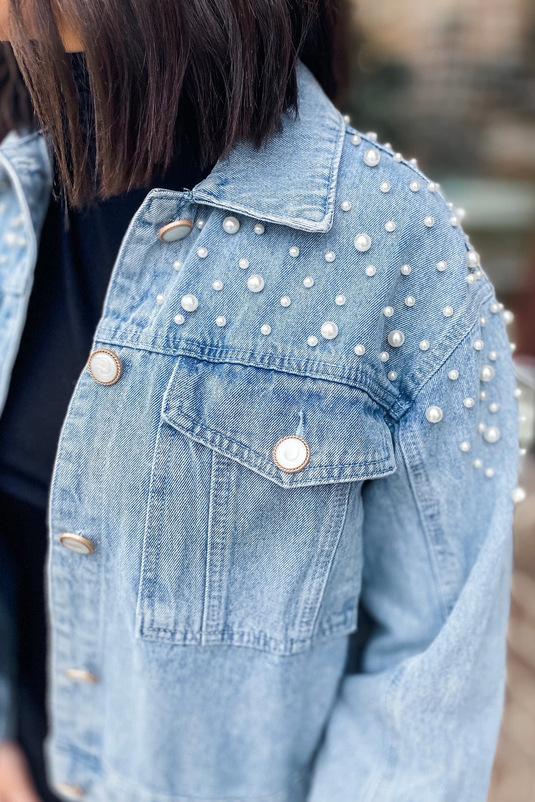 KARLIE: DENIM PEARL JACKET WITH VINTAGE BUTTONS