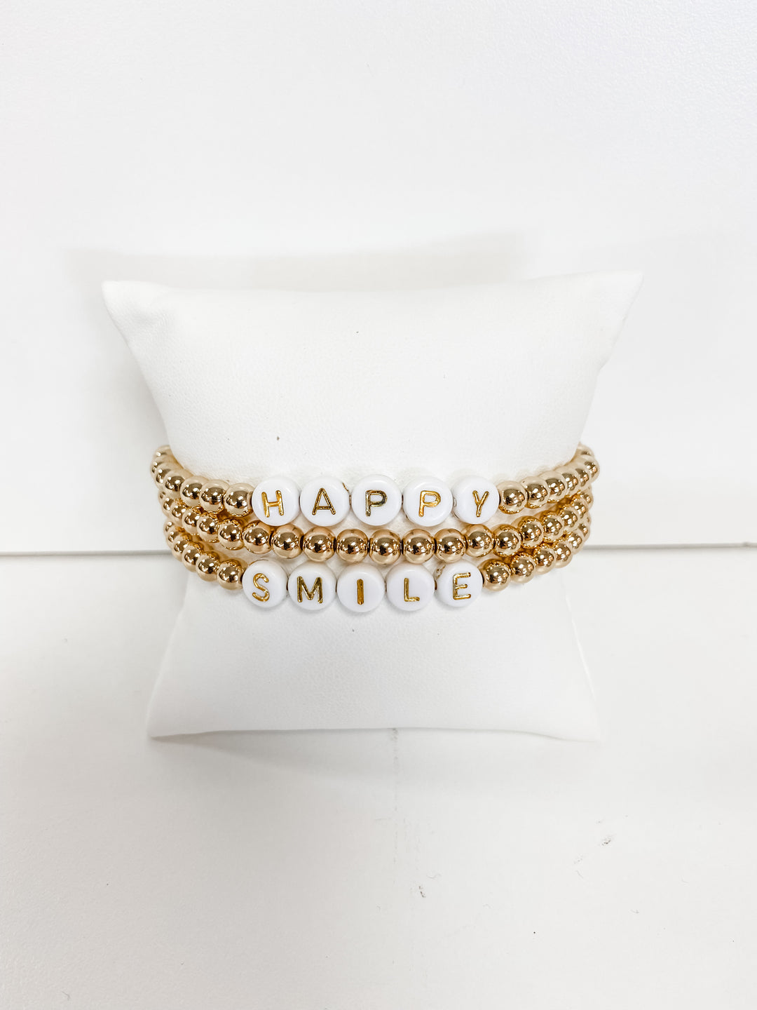 SMILE & HAPPY GOLD BEADED BRACELET