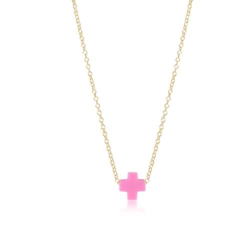 16" NECKLACE GOLD SIGNATURE CROSS, BRIGHT PINK