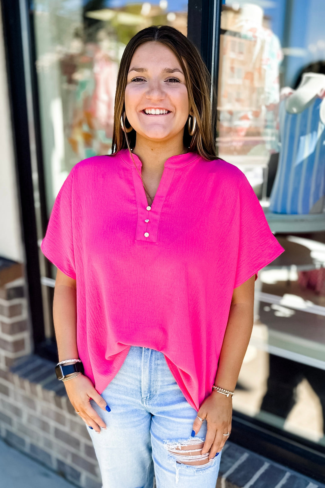 HOT PINK GOLD BUTTONS VNECK TUNIC