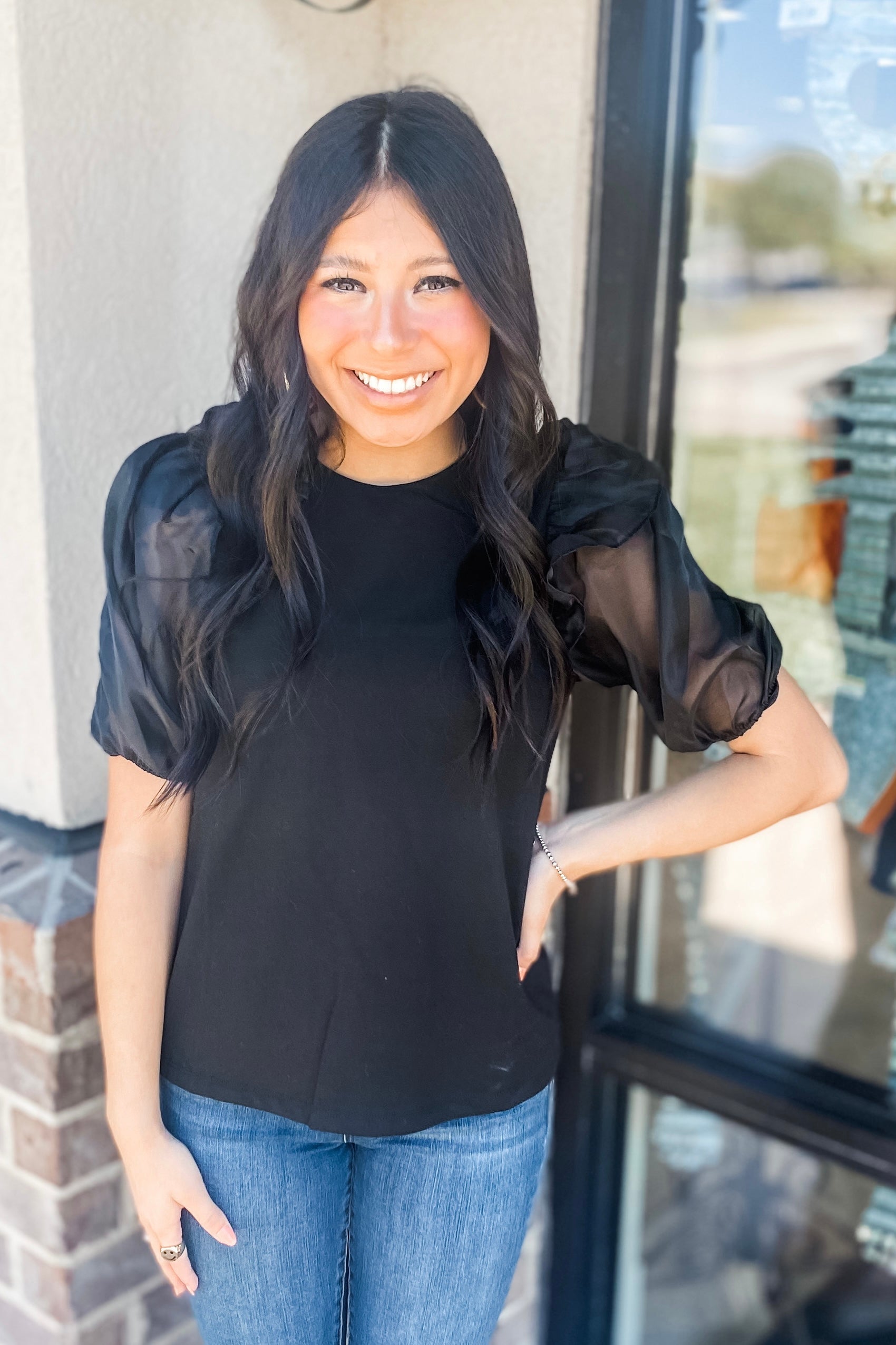 BLACK SHEER RUFFLE PUFF SLEEVE TOP