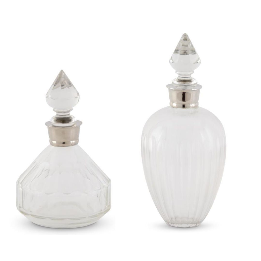 CLEAR GLASS BEVELED DECANTERS WITH SILVER NECK