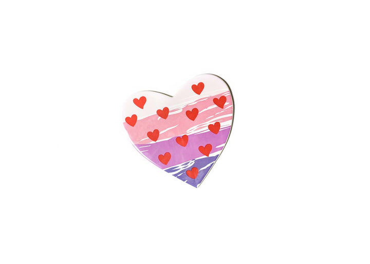 A pink and purple striped heart-shaped decoration with small red hearts on it.