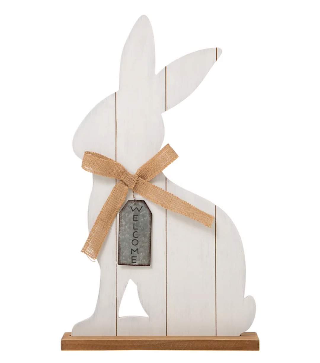 WOODEN WHITE WASHED EASTER BUNNY SITTER