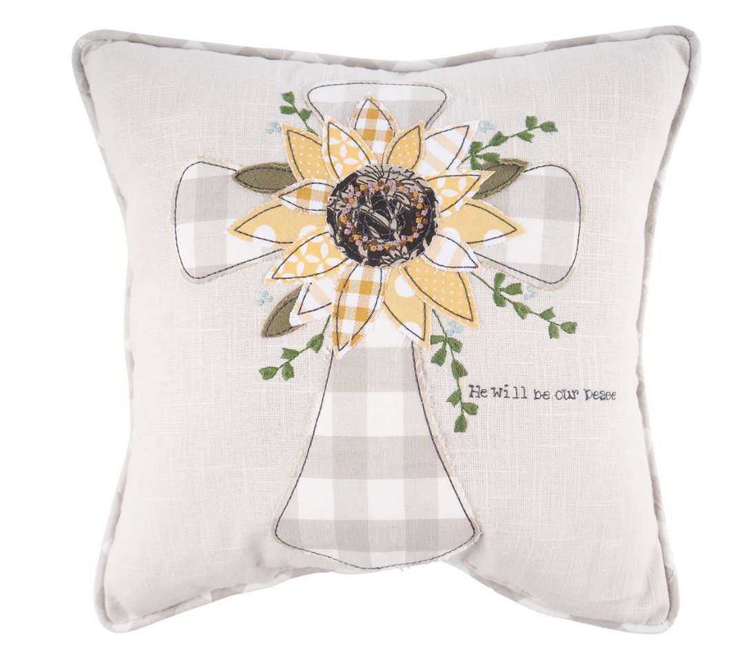 SUNFLOWER CROSS HE WILL BE OUR PEACE PILLOW