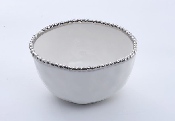 WHITE AND SILVER ROUND CEREAL/SOUP BOWL