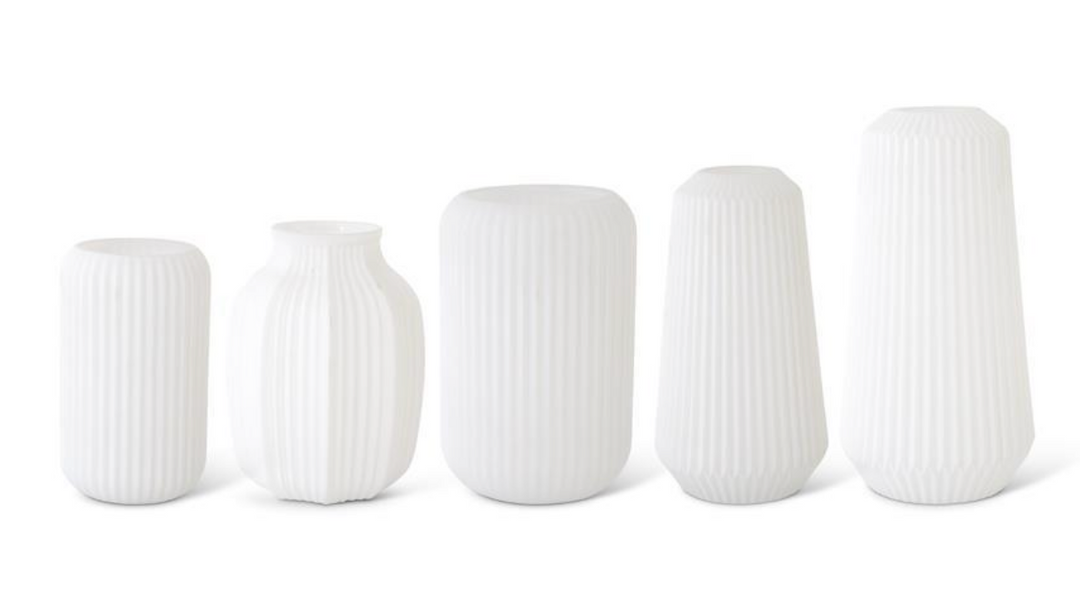 white ribbed vases, smallest to largest