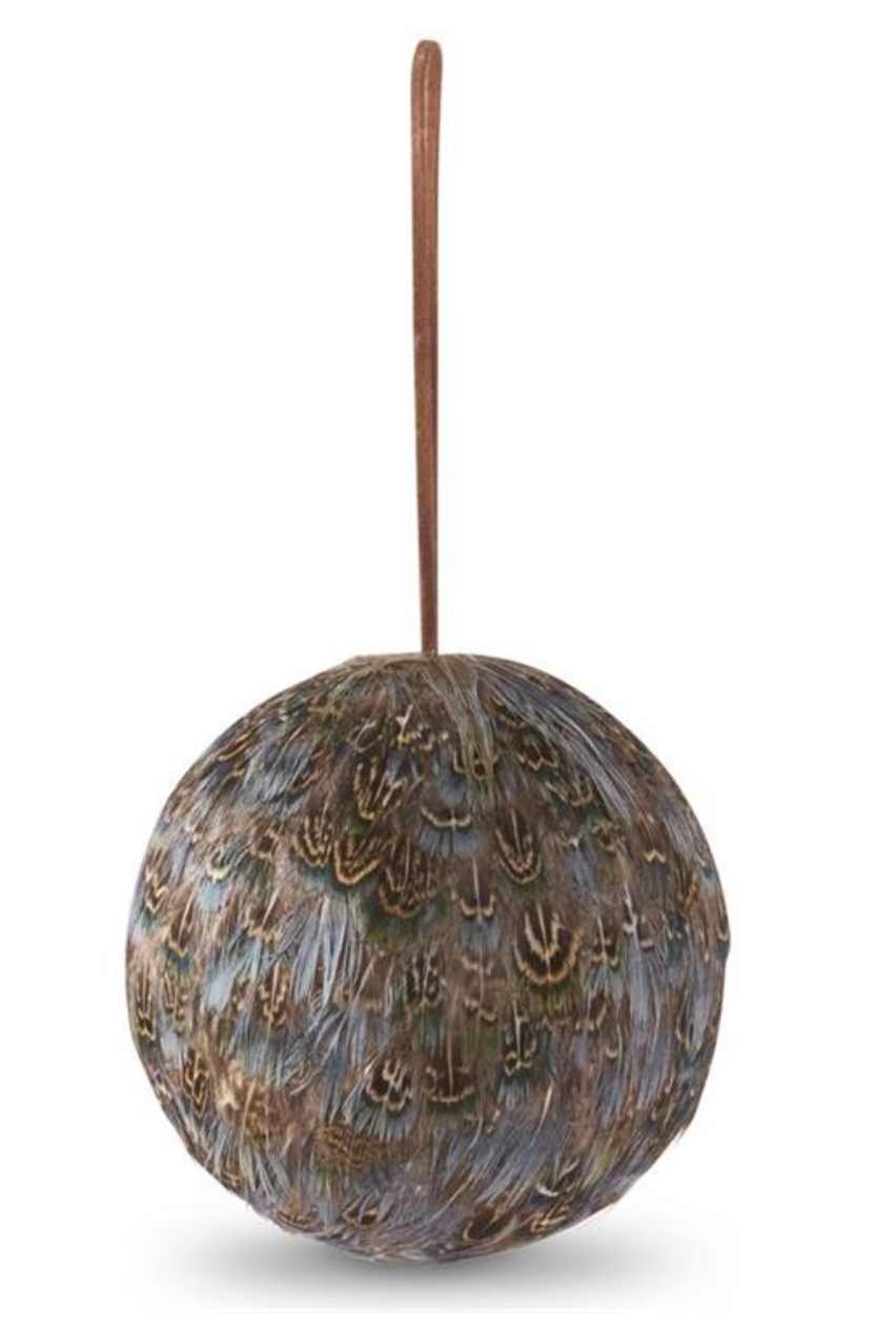 BROWN TAN & BLUE FEATHER BALL ORNAMENT