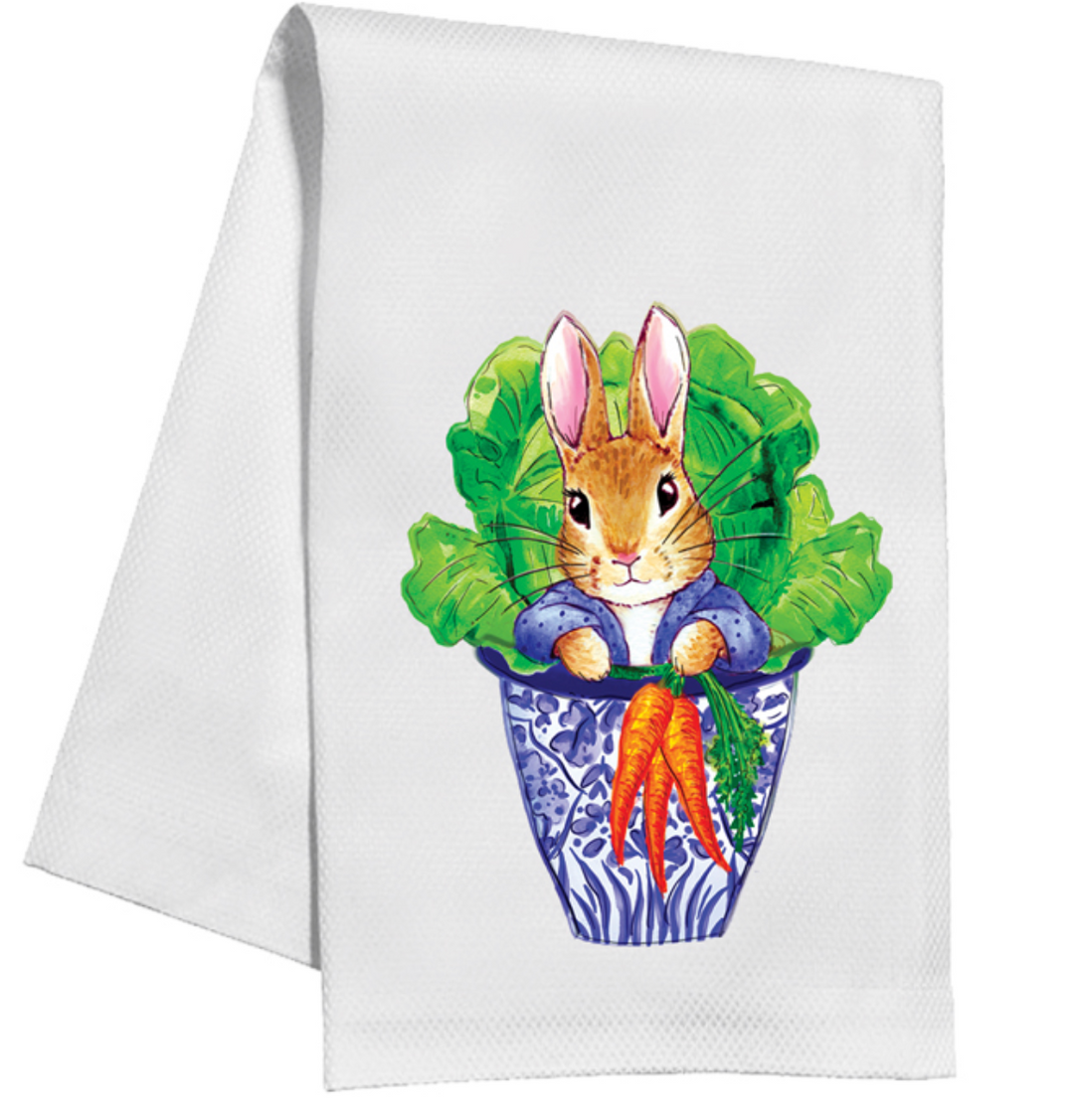 TOM TOM EASTER BUNNY IN CHINOISERIE POT HOLDING CARROTS KITCHEN TOWEL