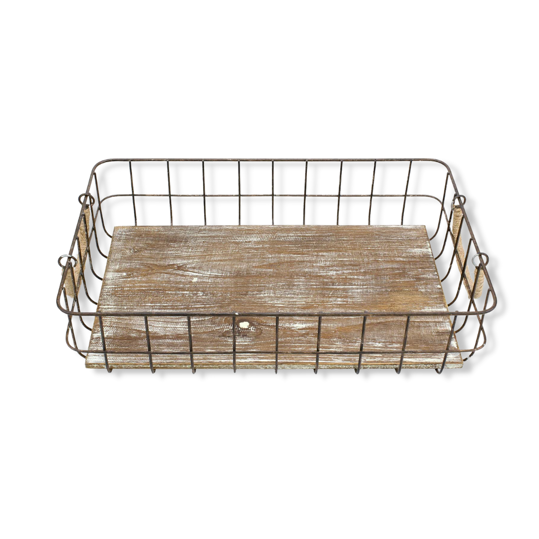 SMALL WIRE AND WOOD BASKET