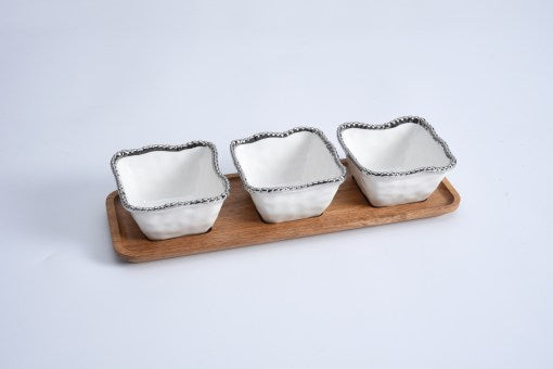 white and silver 4 piece serving set