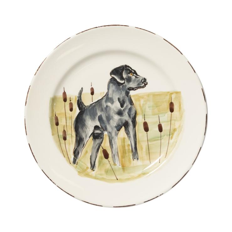 hand-painted black hunting dog scene on white dinner plate