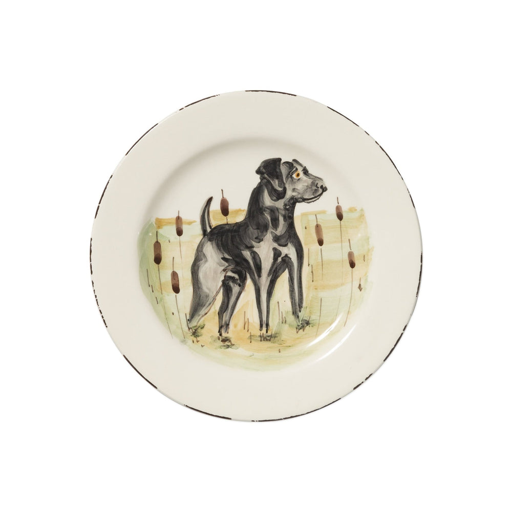 hand-painted black hunting dog scene on white salad plate
