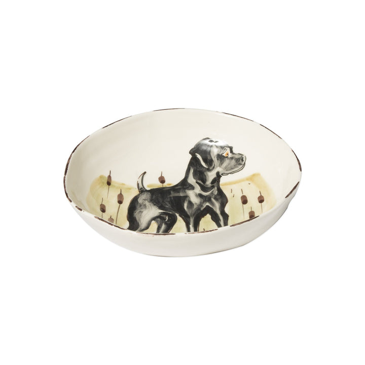 hand-painted black hunting dog scene on white pasta bowl side view