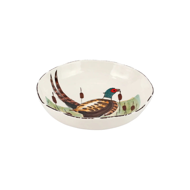 hand-painted pheasant scene on white pasta bowl side view