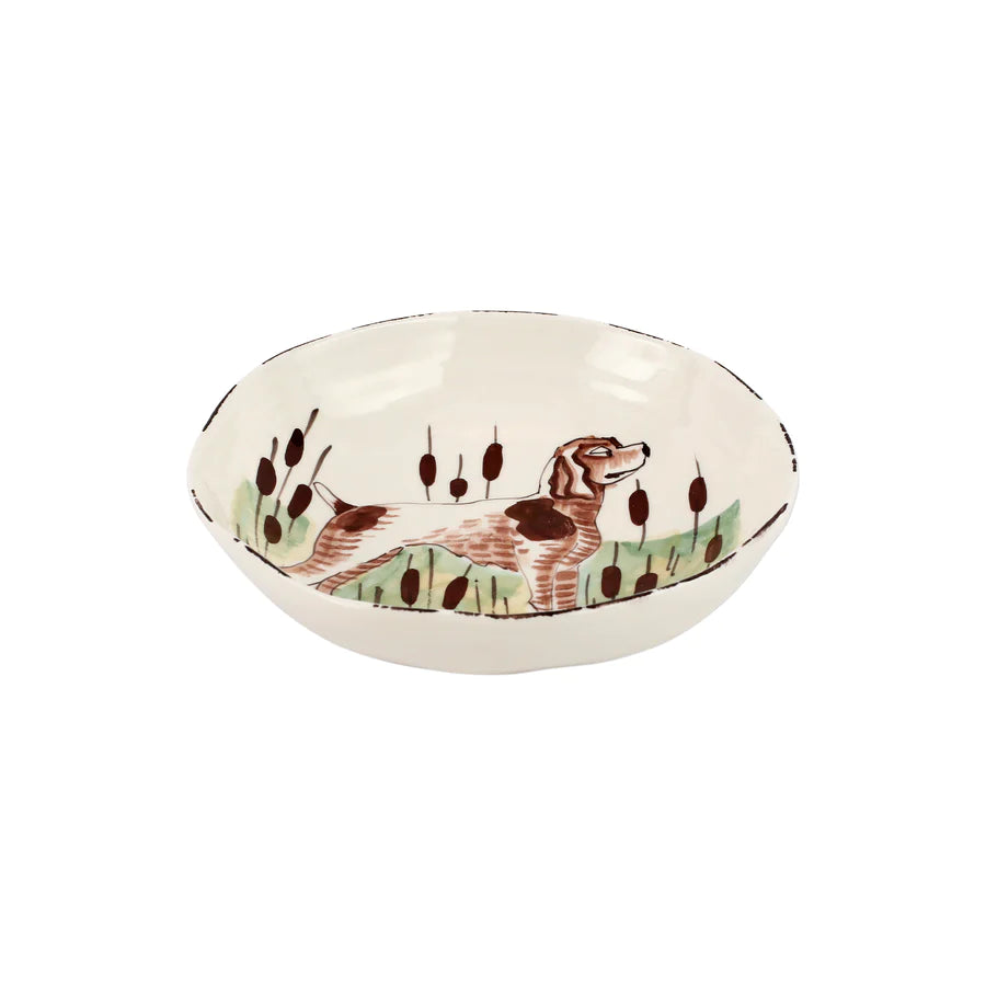 hand-painted spaniel scene on white pasta bowl side view