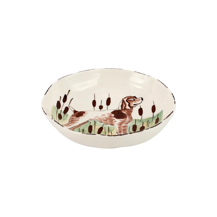 hand-painted spaniel scene on white pasta bowl side view