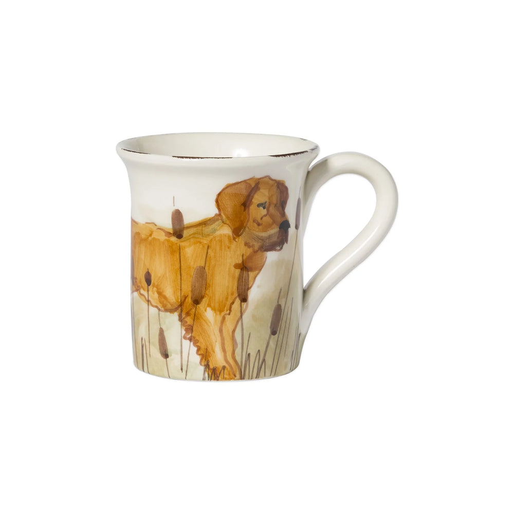 hand-painted hunting dog scene on white mug