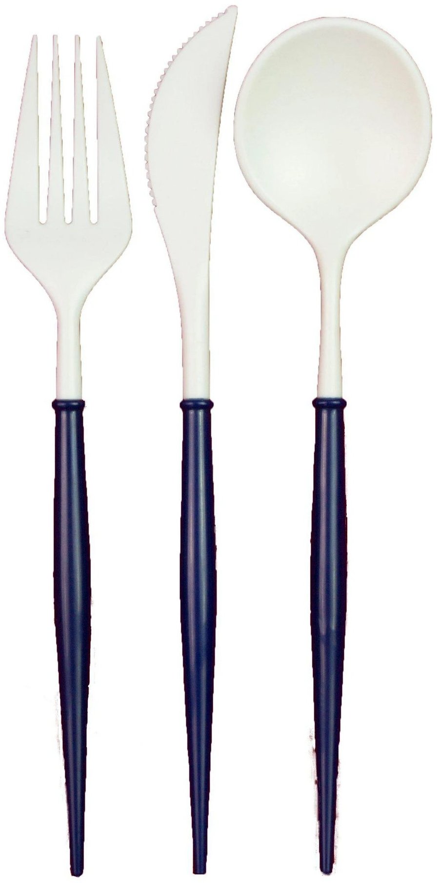 navy and white plastic cutlery