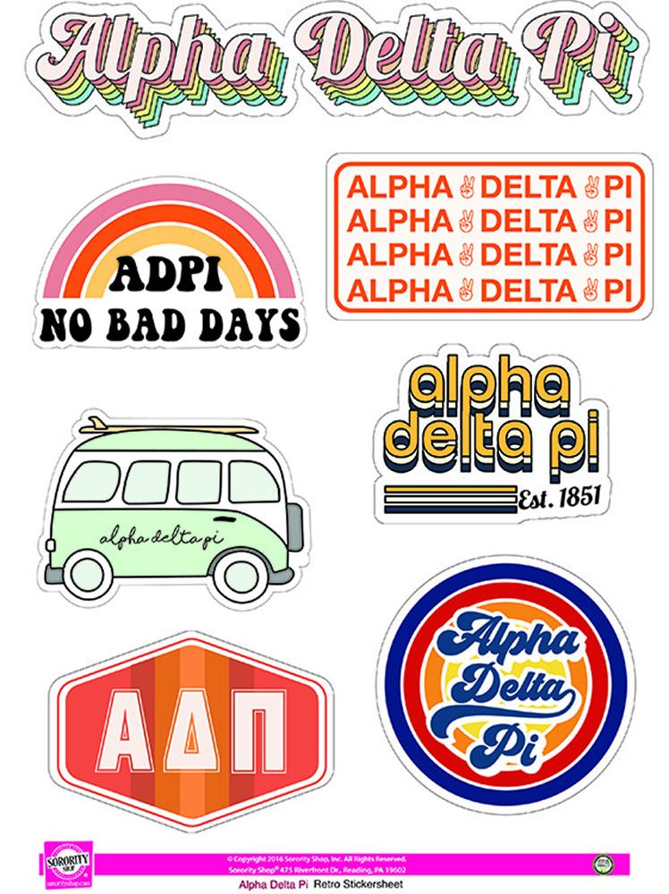 Retro ADPi theme stickers. Each sheet contains 7 stickers unique to ADPi that are easily removable and leave no sticky residue. Display them on a notebook, computer, or any dry surface. Great gift!