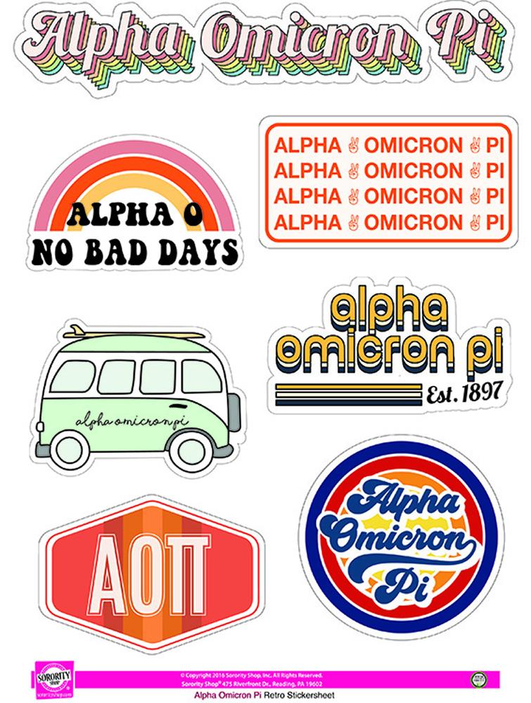 Retro AOPi theme stickers. Each sheet contains 7 stickers unique to AOPi that are easily removable and leave no sticky residue. Display them on a notebook, computer, or any dry surface. Great gift!