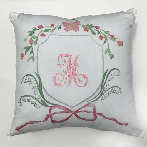 butterfly pillow with floral and pink bow accent complete with a pink monogram in center