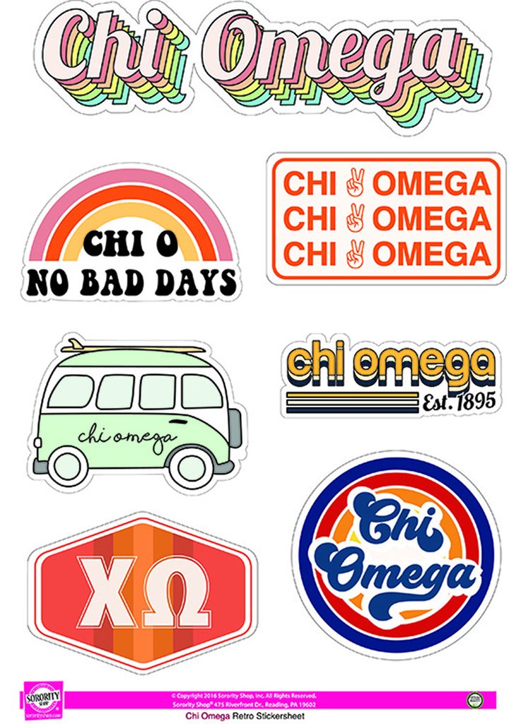 Retro Chi O theme stickers. Each sheet contains 7 stickers unique to Chi O that are easily removable and leave no sticky residue. Display them on a notebook, computer, or any dry surface. Great gift!