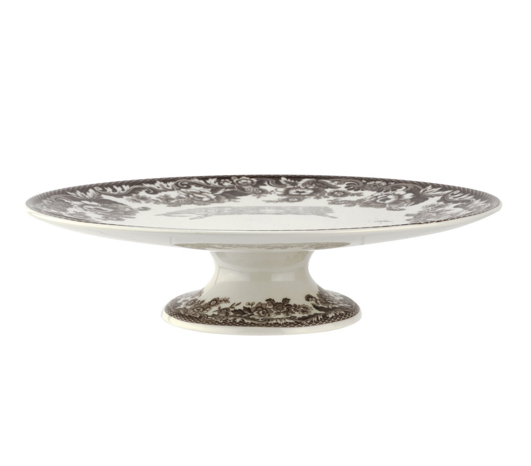 brown floral edge on white cake stand