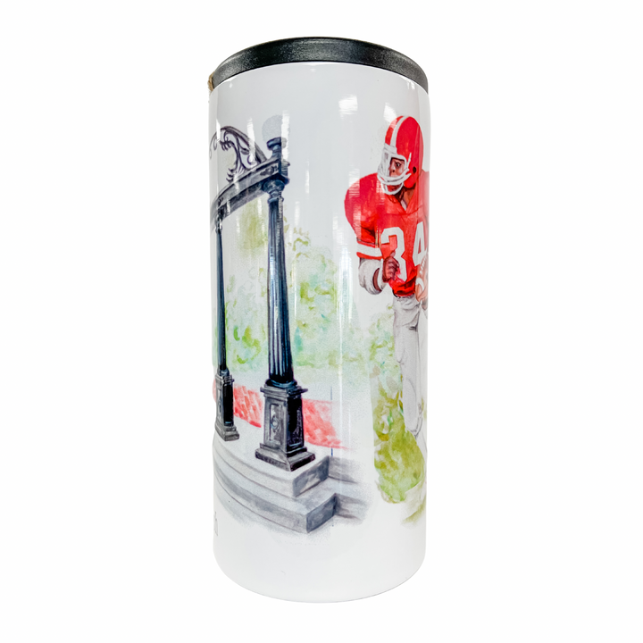 UGA skinny can cooler reflecting a painted panoramic of iconic scenes in UGA's history, at this view Herschel Walker is running the ball alongside the arch