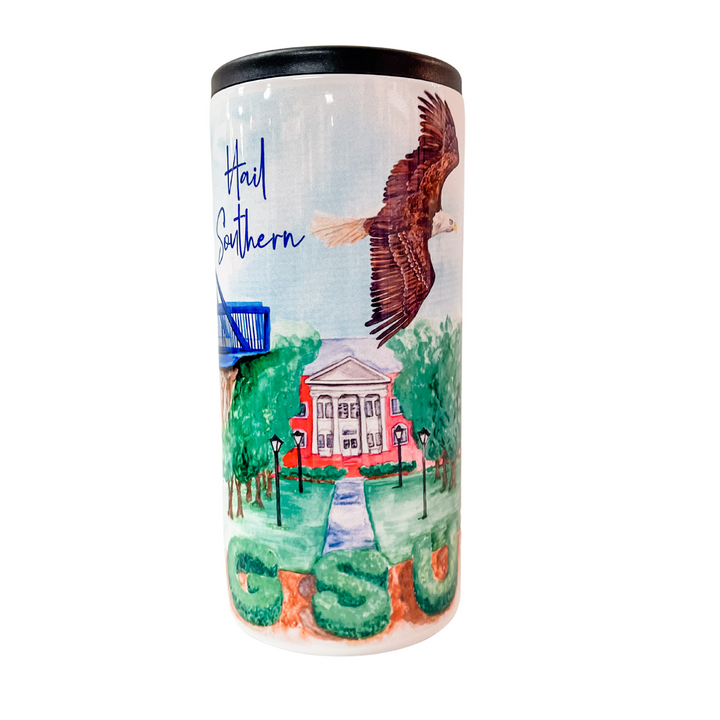 GSU skinny can with painted panoramic landscapes of georgia southern starting with "hail southern" the eagle flying and sweetheart circle