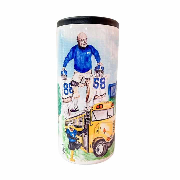 GSU skinny can with painted panoramic landscapes of georgia southern, at this angle Erk Russell is seen on the shoulders of two players & the iconic yellow school bus with Gus getting on