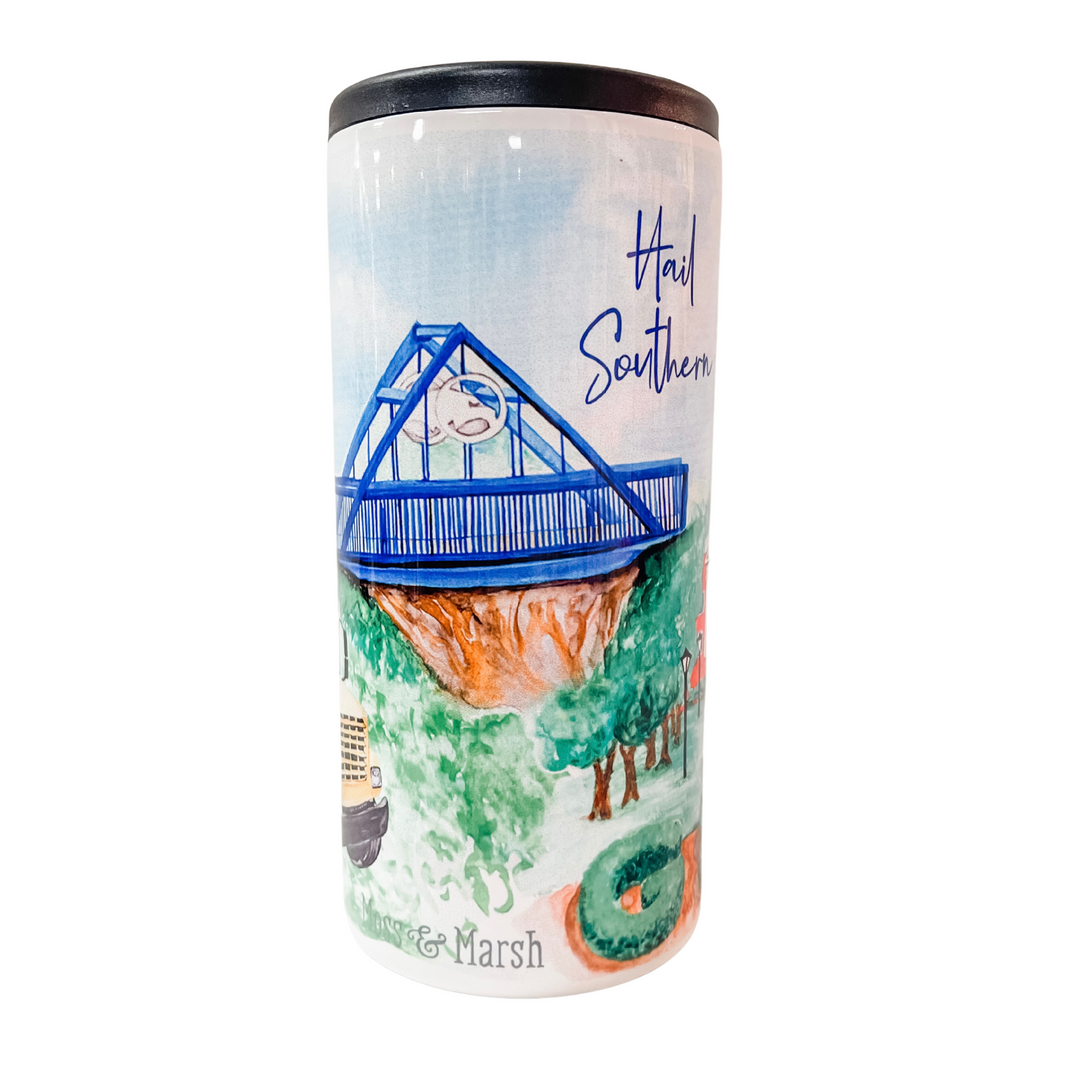 GSU skinny can with painted panoramic landscapes of georgia southern starting with the GSU bridge