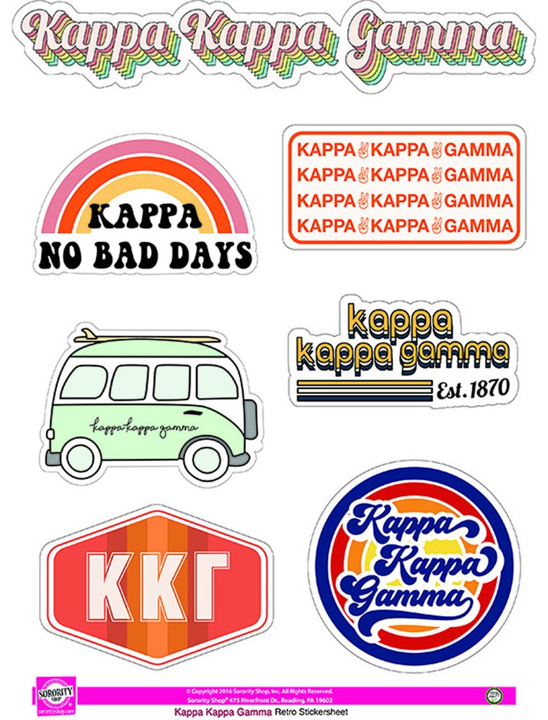 Retro KKG theme stickers. Each sheet contains 7 stickers unique to KKG that are easily removable and leave no sticky residue. Display them on a notebook, computer, or any dry surface. Great gift!
