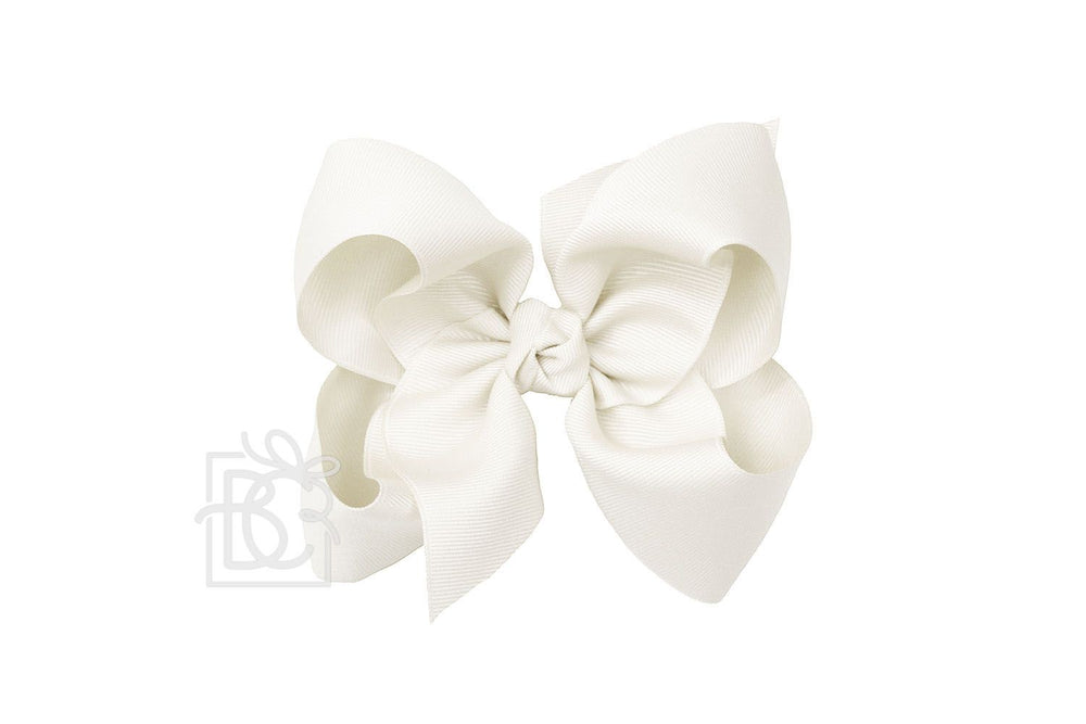 A white hair bow against a white background, with a knot in the center and ribbon strands fanning out in a bow shape.