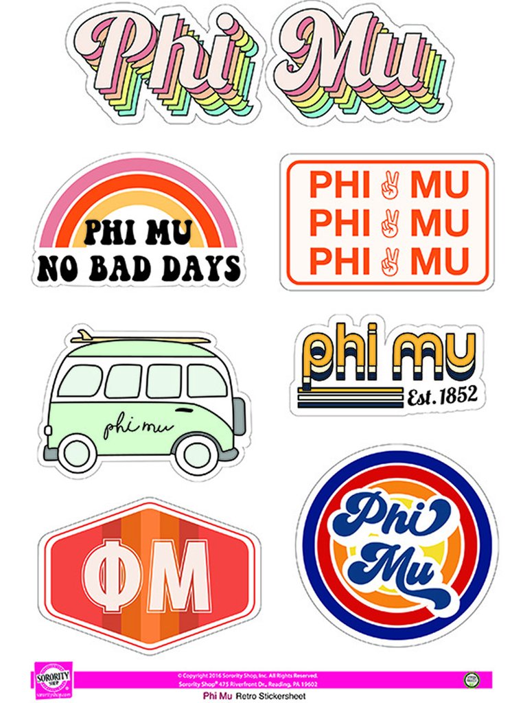 Retro Phi Mu theme stickers. Each sheet contains 7 stickers unique to Phi Mu that are easily removable and leave no sticky residue. Display them on a notebook, computer, or any dry surface. Great gift!