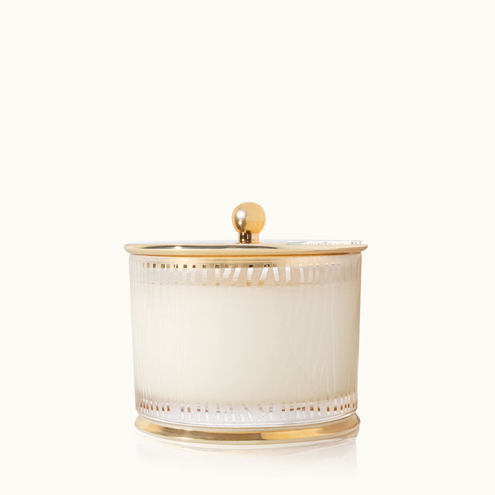 Frasier Fir frosted wood grain candle with gilded base and gold lid