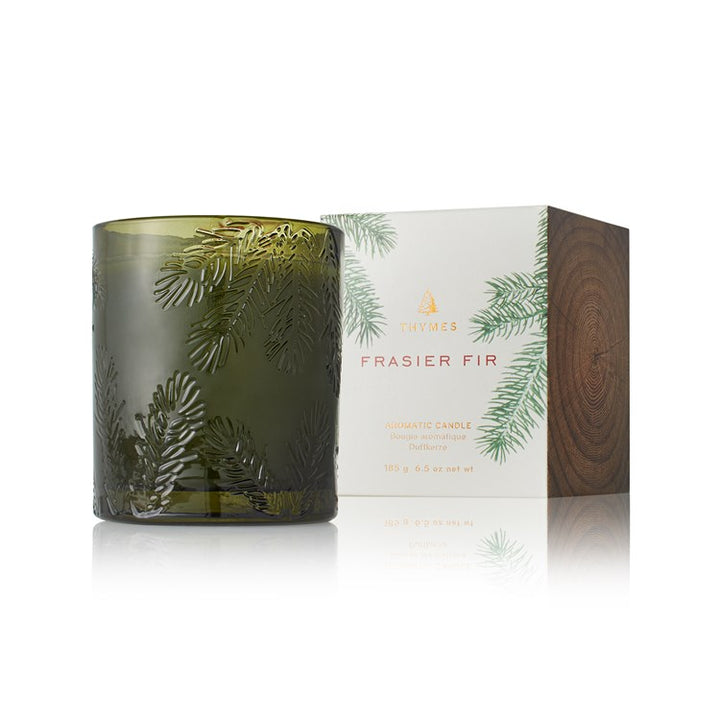 Frasier Fir candle in deep green molded pine needle glass